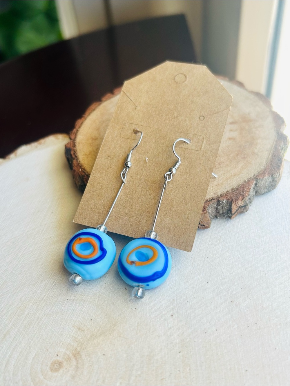 Blue Swirl Glass Bead Drop Earrings - Picture 3 of 6